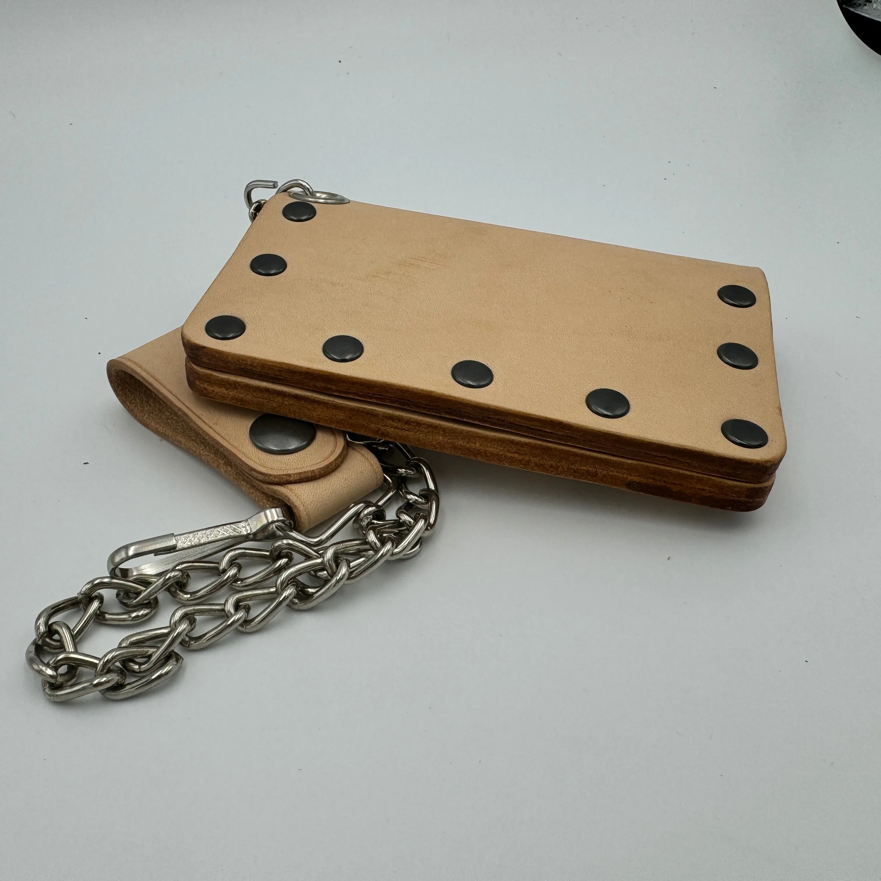 Veg Tan Biker Bifold Chain Wallet - Natural Vegetable Tanned Cowhide Leather with Rivets