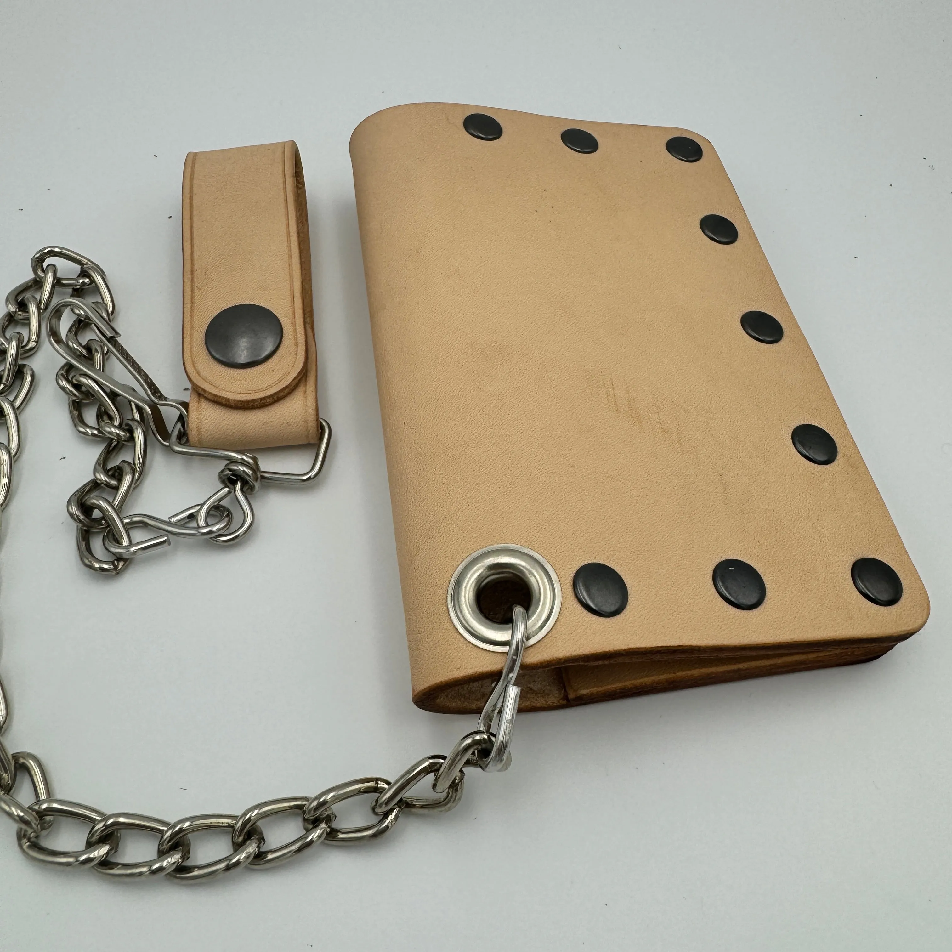 Veg Tan Biker Bifold Chain Wallet - Natural Vegetable Tanned Cowhide Leather with Rivets