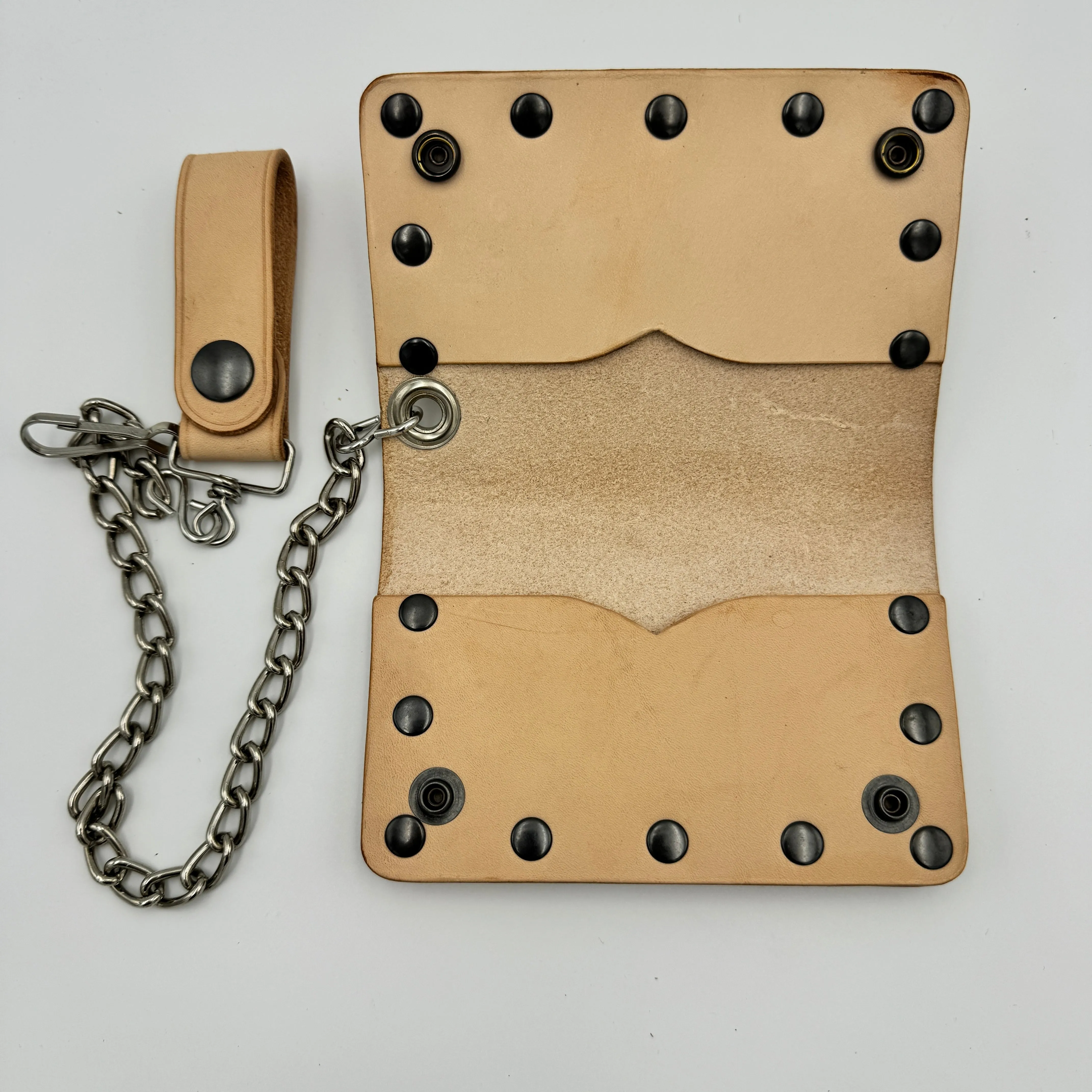 Veg Tan Biker Bifold Chain Wallet - Natural Vegetable Tanned Cowhide Leather with Rivets