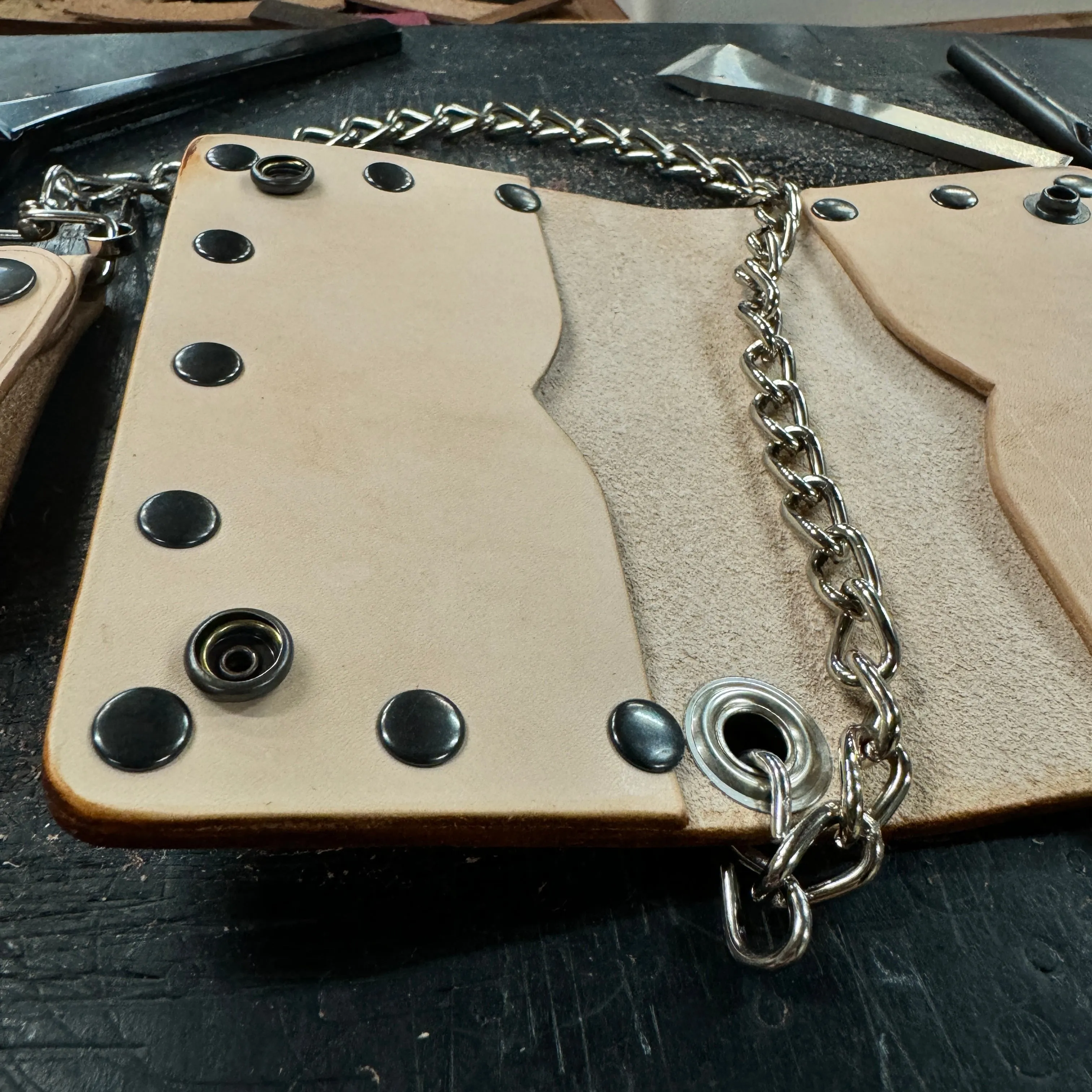 Veg Tan Biker Bifold Chain Wallet - Natural Vegetable Tanned Cowhide Leather with Rivets