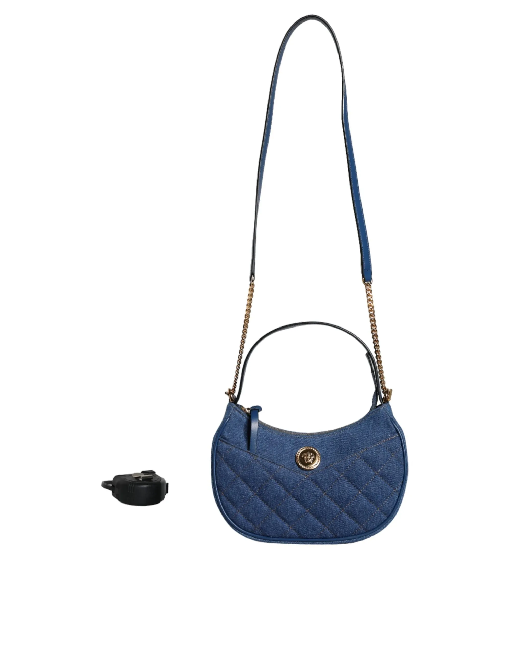 Versace Blue Quilted Denim Leather Top Handle Shoulder Bag