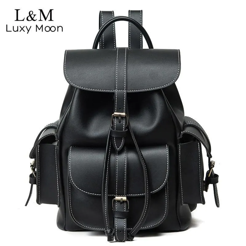 Vintage Drawstring Backpack Black Shoulder Bag