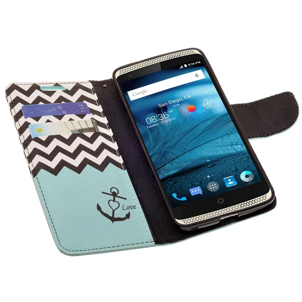 ZTE Axon Pro Case, Wrist Strap Magnetic Fold[Kickstand] Pu Leather Wallet Case with ID & Credit Card Slots for ZTE Axon Pro - Teal Anchor