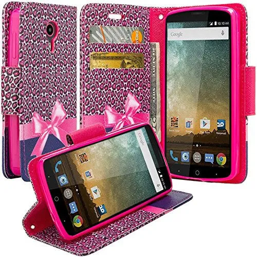 ZTE Prestige Case | ZTE Sonata 3 | ZTE Avid Plus | ZTE Avid Trio Pu Leather Magnetic Flip Fold[Kickstand] Wrist Strap Wallet Case with ID & Card Slots for ZTE Prestige/Sonata3/Avid/Avid Plus - Cheetah Prints